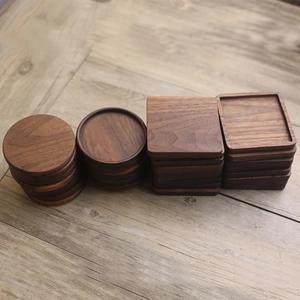 Japanese style solid wood coasters in walnut finish with round and square designs