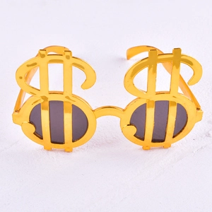 Detail of metallic gold dollar sign party sunglasses with shiny electroplated finish