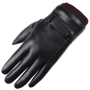 Detail view of the black leather glove featuring a reddish-brown knitted cuff and snap strap