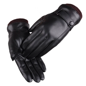 Detail of men's black PU leather gloves with warm red-brown ribbed cuffs and wrist strap