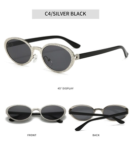 Three-view display of vintage oval sunglasses in silver hammer texture and black arms