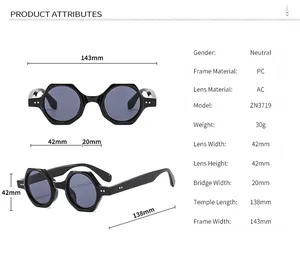 Technical size guide and dimensions chart for polygonal PC frame sunglasses