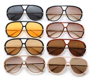 Matrix display of aviator sunglasses in eight colors including black, tortoiseshell and yellow