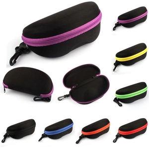 Macro view of portable EVA sunglass cases with colorful zippers and plastic hooks