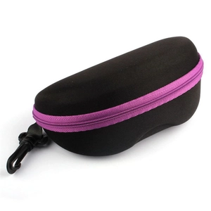 Detail of a semi-hard black EVA sunglasses case with a purple zipper and a plastic hook
