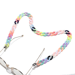 Macro detail of acrylic eyewear chain shaped in a heart with pastel macaron links