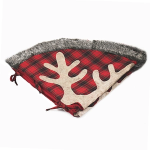 48-inch red plaid Christmas tree skirt with plush trim and beige reindeer horn embroidery
