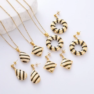 Geometric Jewelry Necklace And Earrings 18K Gold Plated 304 Stainless Steel Enamel Black White Striped Fashion For Women