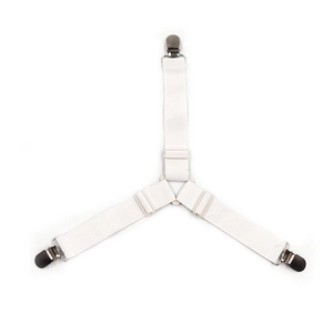 Adjustable Y-shape white elastic bed sheet fasteners with three silver metal clips