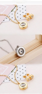 Detail of round cubic zirconia jewelry set with pendant necklace and matching stud earrings
