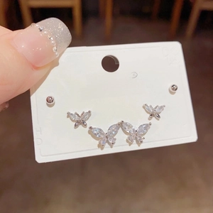 Three-piece butterfly zircon stud earrings set with sparkling silver finish and pavé stones