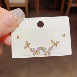 Three-piece gold butterfly earring set with zircon stones on an s925 silver needle base