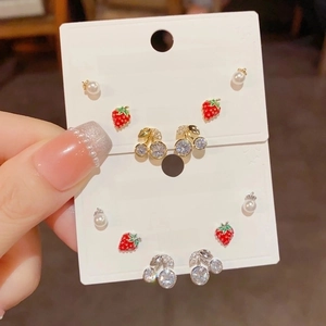Three-pair S925 silver earring set with tiny pearl, red strawberry, and cherry studs