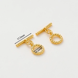 Macro detail of 14k gold-plated OT toggle clasp with 17.5mm T-bar and 10.5mm ring