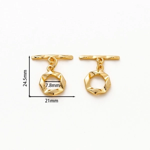 Detailed view of 14k gold-plated hexagon OT toggle clasp with size dimensions 24.5x21mm