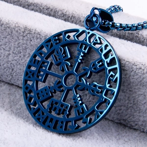 Nordic viking compass pendant in blue hollow circular design with stainless steel finish