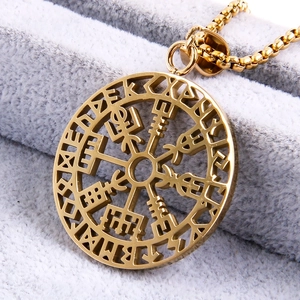 Golden Viking compass pendant with intricate hollow runes on a stylish steel chain