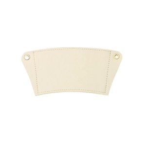 Detail of beige PU leather cup sleeve showing fine texture and neat stitching on white background