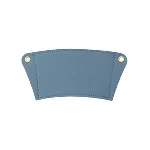 Detailed flat lay of blue PU leather coffee sleeve with gold eyelets and stitching