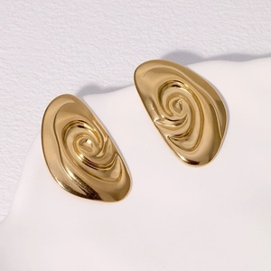 Polished gold plated stainless steel spiral stud earrings with abstract swirl texture