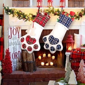 Christmas stockings set with pet paw design and plaid pattern for festive home decoration