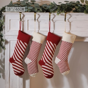 Christmas Stockings Knitted Acrylic Diagonal Stripe Classic Candy Cane Style Holiday Fireplace Mantle Decor Hanging Gift Bag