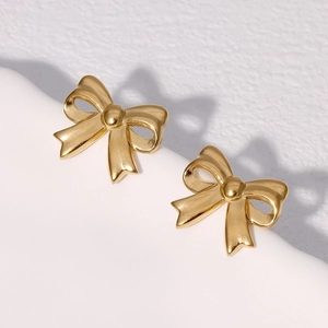 Minimalist gold bow stud earrings in polished stainless steel for women fashion