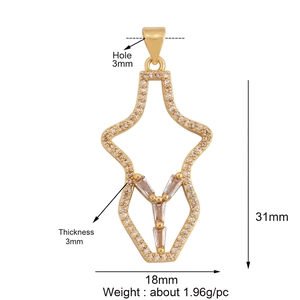 Detail showing creative gold silhouette pendant measurements and zircon settings