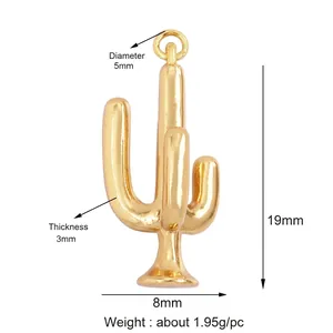 Detailed view of a gold cactus pendant charm with 19mm height and 8mm width dimensions