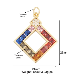 Detailed view of colorful micro-pave square gemstone pendant with 24x26mm dimensions