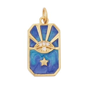 Detailed blue enamel rectangular charm with gold edge and evil eye star motif