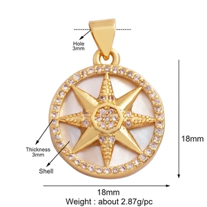 Detailed view of an 18mm gold-plated star pendant with shell inlay and zircon stones