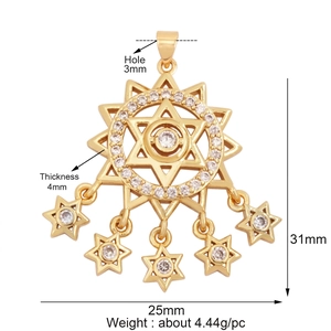 Detailed specs of gold star pendant with crystal pave and hanging charms, 31mm height