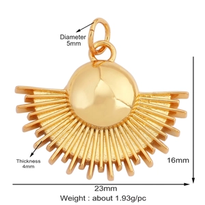 Detailed view of a gold sunburst pendant showing 23x16mm dimensions and polished finish