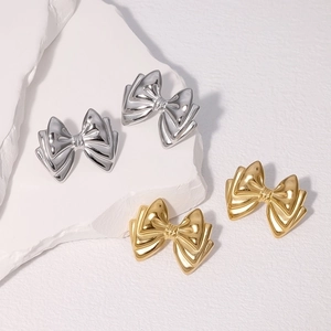 Cute Bow Stud Earrings Stainless Steel 18K Gold Plated Triple Layered Design Ins Style Fashion Accessories For Women
