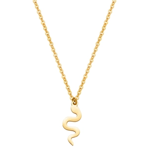 Macro shot of 18K gold plated snake pendant on a delicate stainless steel chain necklace