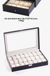 Schwarze PU-Leder Uhrenbox mit 20 Fächern, Schublade und Glasdeckel zur Aufbewahrung