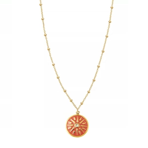 Detail of 18K gold plated necklace featuring a coral orange sunburst compass pendant