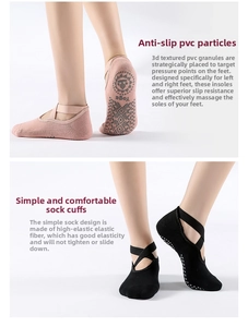 Detail of yoga socks with cross elastic straps and 3D anti-slip PVC dots for better grip