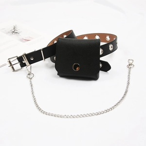 Detail of punk style black leather belt with silver eyelets, mini pouch and metal chain