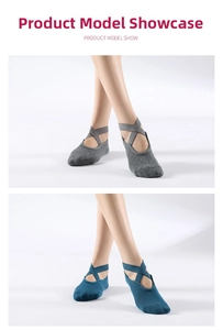 Detail of grey and teal yoga socks with elastic cross straps and anti-slip grip bottom