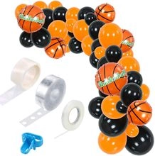 Detailed basketball balloon arch kit with orange, black balloons and assembly tools set