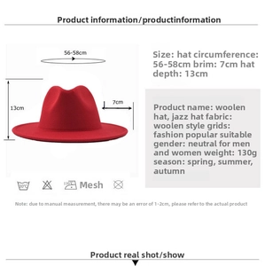 Detailed size specifications for wool fedora with crown height and brim measurements