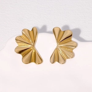Fan Stud Earrings Stainless Steel 18K Gold Plated Pleated Ribbed Design Geometric Modern Minimalist Vintage Women
