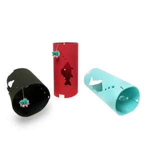 Three colorful foldable pet cat tunnels with fish patterns and hanging plush balls