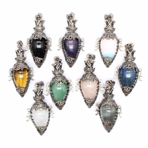 Vintage bronze hollow crown pendants with assorted natural crystal points and tiger eye stones