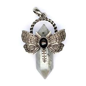 Macro detail of a dragonfly pendant with hexagonal fluorite stone and silver texture