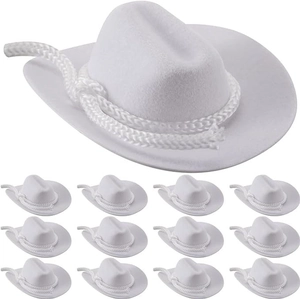 Miniature white felt cowboy hat set for dolls and pets with woven rope bands