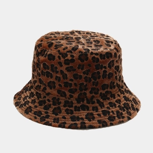 Detailed view of the leopard print faux fur bucket hat showing the plush texture and pattern