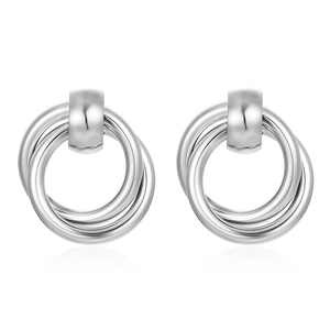 Polished silver stainless steel triple interlocking hoop earrings on white background
